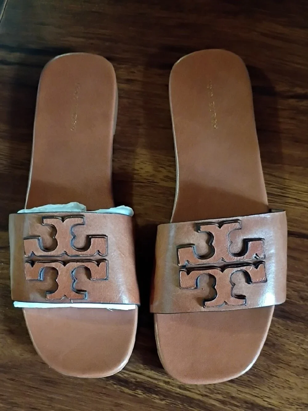 Tory Burch Double Stack Logo Slide In Tan Goat Leather